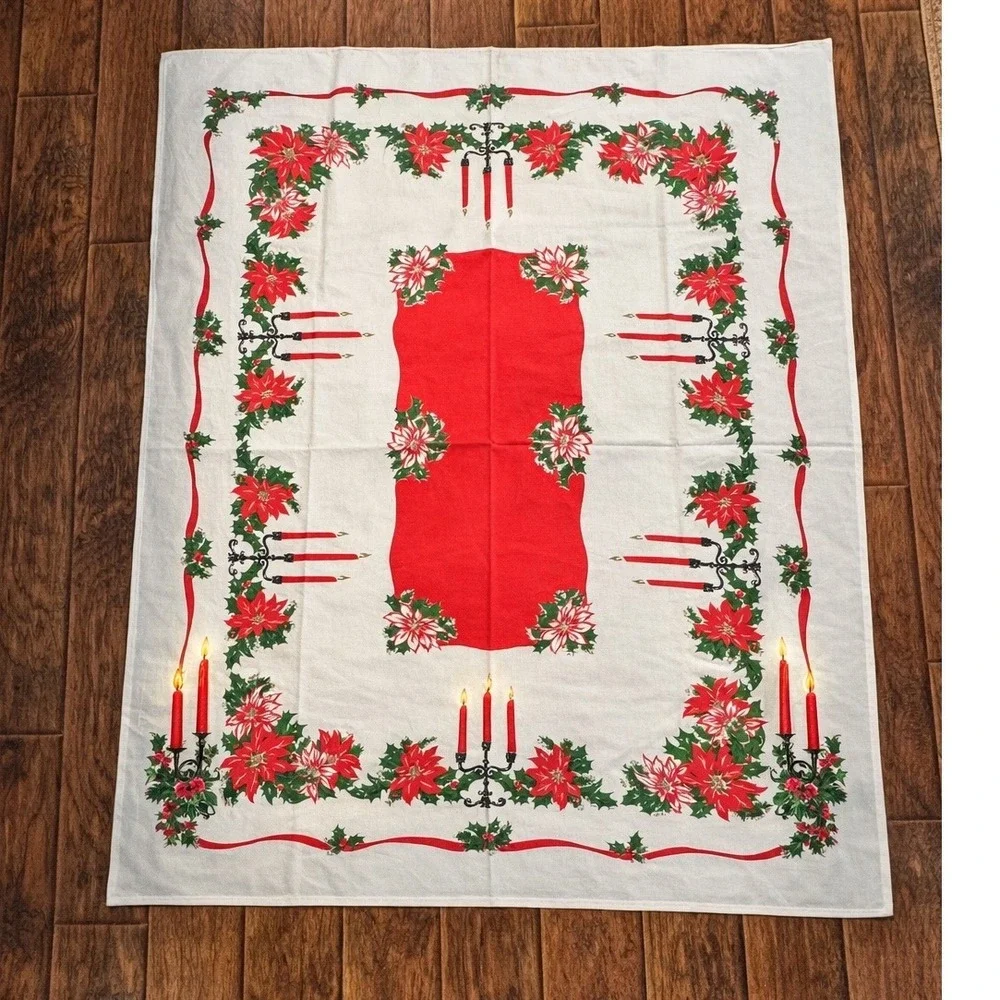 Vintage Christmas Tablecloth‎ Poinsettia Candelabra Red White Green 52x62